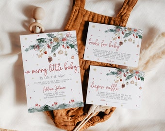 May include: A set of three printable cards for a baby shower. The cards are decorated with a wintery forest scene and feature the text "a merry little baby is on the way", "books for baby", and "diaper raffle".