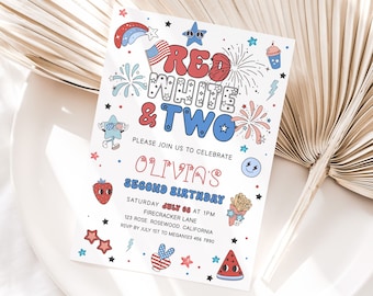 Red White and Two Birthday Invitation, 4th of July Invite 2nd Birthday, 4th of July Birthday Invitation, Patriotic Birthday Invitation
