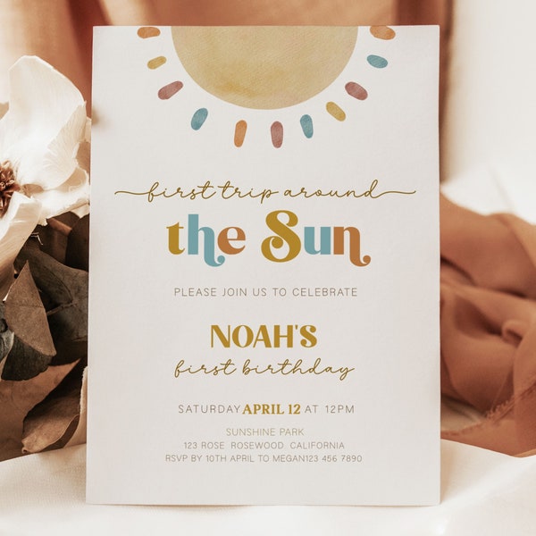 First Trip Around The Sun Invitation, Sun Birthday Invite, Sun Birthday Invitation, Sunshine 1st Birthday Invite, Sun 1st Birthday Invite