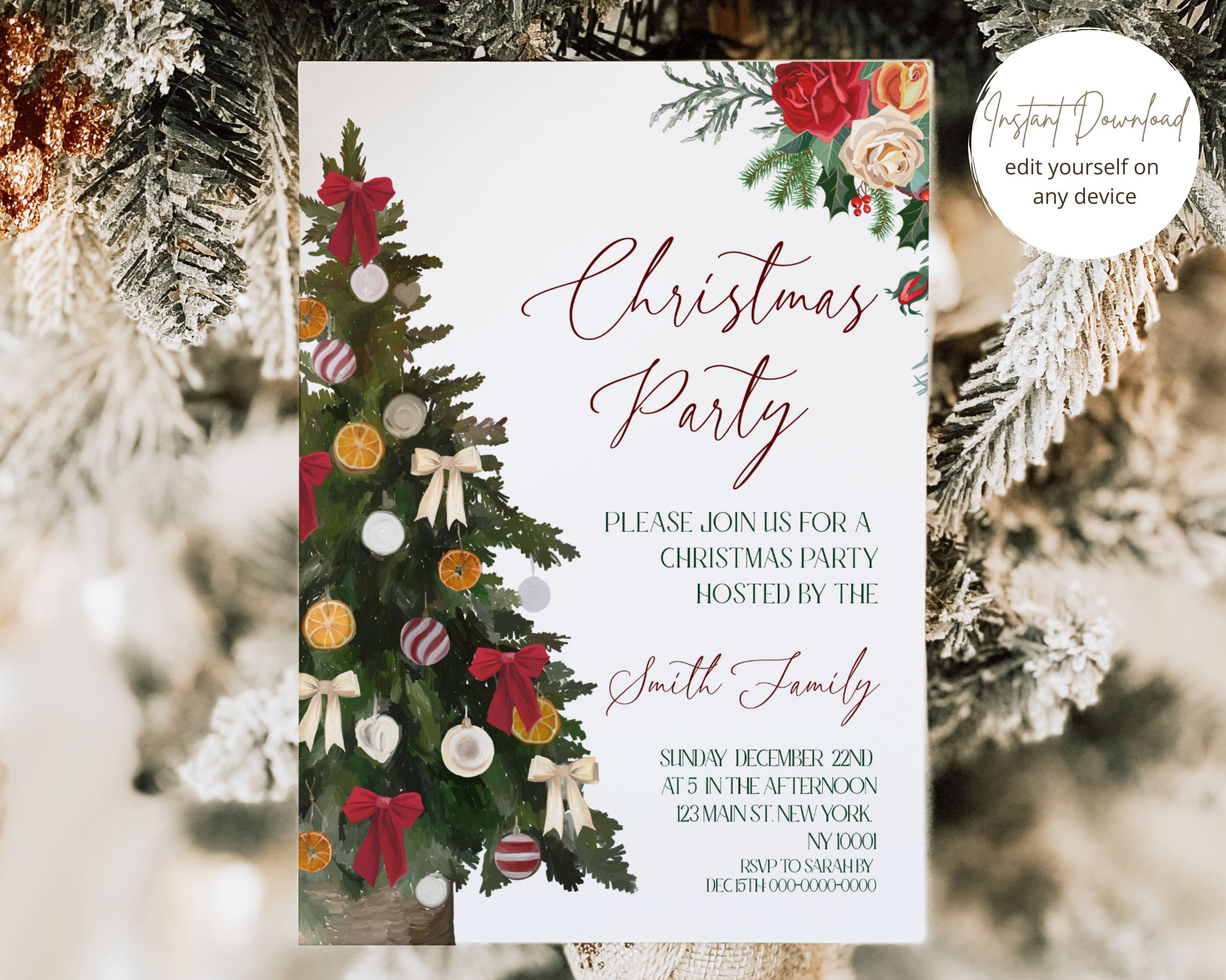 Invitación a fiesta de Navidad, Plantilla de fiesta de Navidad, Invitación  de Navidad, Fiesta de Navidad, Invitación de árbol de Navidad floral.  Editable - Etsy México, image size:3000x2400