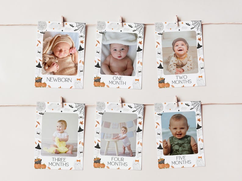 May include: A Halloween-themed baby milestone photo display. Each photo is framed with a decorative border featuring pumpkins, ghosts, bats, and spiderwebs. The photos are labeled with the baby's age in months, from newborn to five months.