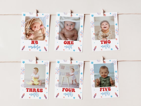 Little Firecracker Photo Banner, 4th of July Birthday Photo Cards, Little Firecracker Birthday Decor, Milestone Photo Cards, Template