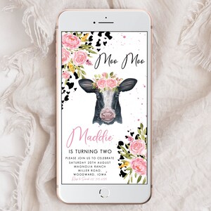 Moo Moo I&#39;m Two Invitation, Editable Evite Cow Birthday Invitation Girl, Cow 2nd Evite Girl, Cow Birthday Invitation, Instant Download