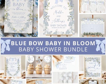 May include: A blue and white baby shower printable bundle with a floral theme. The bundle includes invitations, welcome sign, cupcake toppers, food labels, thank you cards, and more. The text on the welcome sign reads "Welcome to Maddie and Anthony's Baby Shower".
