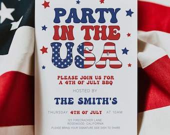 4th Of July BBQ Invitation, 4th of July Invite,4th of July Invitation, Party In the USA Invitation Template, 4th of July Invite