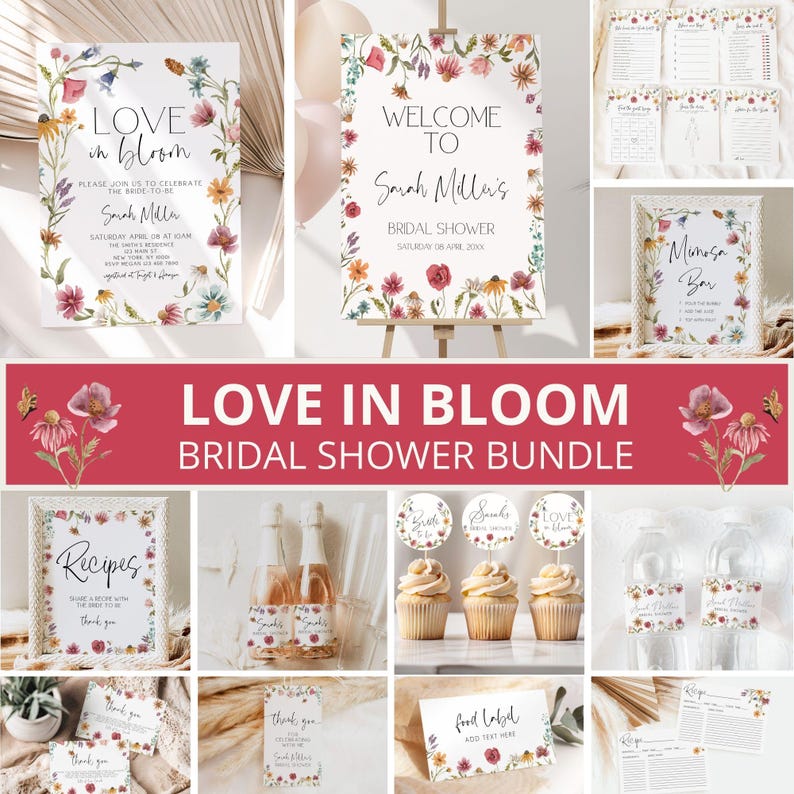 May include: A bridal shower bundle with a floral theme. The bundle includes invitations, welcome sign, recipe cards, cupcake toppers, favor tags, and more. The design features watercolor flowers in shades of pink, red, and yellow.