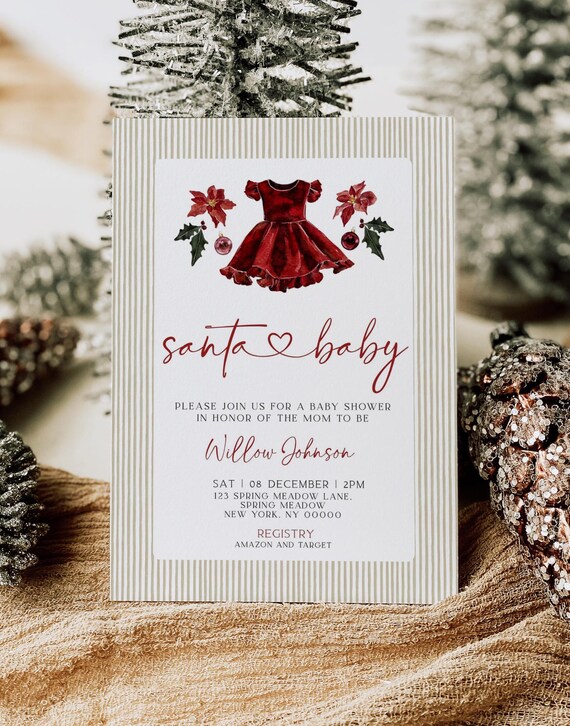 Red Dress Santa Baby Shower Invitation, Red Dress Baby Shower Invite, 5x7", Christmas Baby Shower Invitation, Girl Baby Shower, Canva - Etsy Red Dress Santa Baby Shower Invitation, Red Dress Baby Shower Invite, 5x7", Christmas Baby Shower Invitation, Girl Baby Shower, Canva - Etsy
