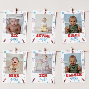 May include: A set of six photo cards with a red, white, and blue firework pattern. Each card features a baby in a different pose and a number from six to eleven with the word "months" underneath.