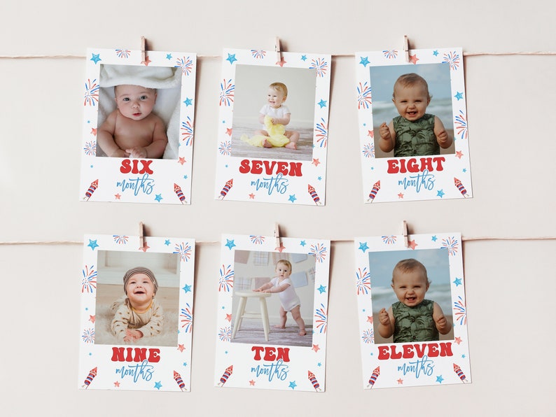 May include: A set of six photo cards with a red, white, and blue firework pattern. Each card features a baby in a different pose and a number from six to eleven with the word "months" underneath.