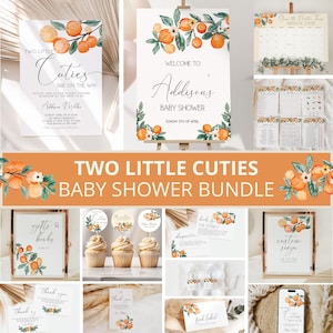 May include: Orange citrus baby shower printable bundle with a watercolor design. The bundle includes a welcome sign, invitation, cupcake toppers, gift and book labels, a food label, a thank you card, and a custom sign. The text on the welcome sign reads "Welcome to Addison's Baby Shower Sunday 9th of April". The text on the invitation reads "Two Little Cuties Are On The Way".