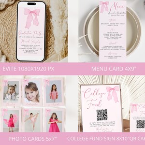 May include: A set of printable graduation party decorations featuring pink bows and a watercolor design. The set includes an Evite invitation, a menu card, photo cards, a college fund sign, and a QR code card. The text on the invitation reads "Graduation Party" and "Hank Ripley". The text on the menu card reads "Menu Hank's Graduation Class of 2023". The text on the college fund sign reads "College Fund". The text on the QR code card reads "College Fund".