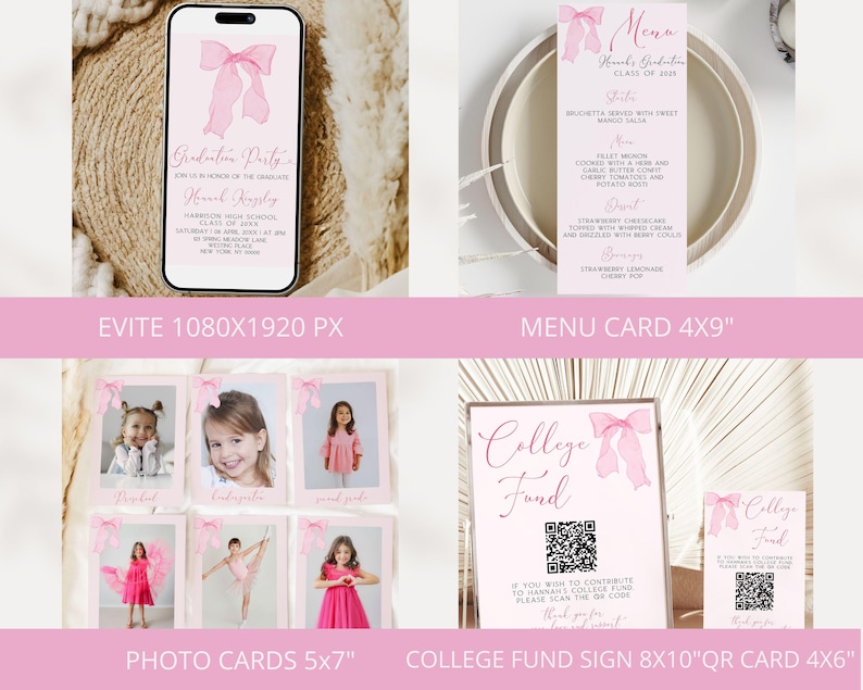 May include: A set of printable graduation party decorations featuring pink bows and a watercolor design. The set includes an Evite invitation, a menu card, photo cards, a college fund sign, and a QR code card. The text on the invitation reads "Graduation Party" and "Hank Ripley". The text on the menu card reads "Menu Hank's Graduation Class of 2023". The text on the college fund sign reads "College Fund". The text on the QR code card reads "College Fund".