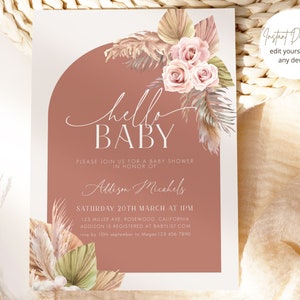 Hello Baby Shower Invitation, Boho Baby Invitation, Bohemian Baby Shower Invitation, Pampas Shower invite, Editable Template 5x7 Printable image 2