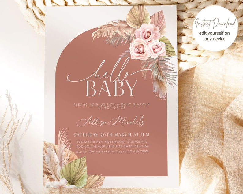 Hello Baby Shower Invitation, Boho Baby Invitation, Bohemian Baby Shower Invitation, Pampas Shower invite, Editable Template 5x7 Printable image 2