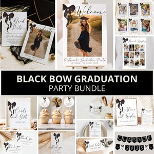 Schwarze Schleife Abschluss-Einladungs-Paket, Minimales Abschluss-Party-Bundle, 9-Party, schwarze Schleife-Abschluss-Party-Dekor, Canva-Vorlage