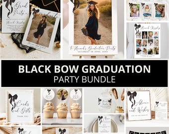 Black Bow Graduation Invitation Bundle, Minimal Graduation Party Bundle, Grad Party, Black Bow Graduation Party Decor, Canva Template
