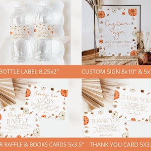 K&ouml;nnte beinhalten: Ein druckbares Set f&uuml;r eine Babyparty im Herbst-Thema. Das Set beinhaltet ein individuelles Schild, Wasserflaschenetiketten, eine Windel-Tombola-Karte und Dankeskarten. Das Schild zeigt orange und wei&szlig;e K&uuml;rbisse, Bl&auml;tter und Blumen. Der Text auf dem Schild lautet "Custom Sign" und "Make unlimited signs, add more text here". Die Wasserflaschenetiketten lauten "Sarah's Baby Shower". Die Windel-Tombola-Karte lautet "Diaper Raffle". Die Dankeskarten lauten "Thank You for showering our sweet little pumpkin with love. We are grateful for the gifts of love and advice you show us and trust you had a great time. Love Sarah".