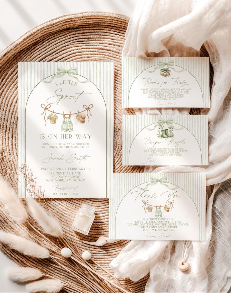 May include: Baby shower invitation suite with a soft, neutral color palette. The main invitation features the text "A Little Sprout Is On Her Way" with illustrations of baby clothes. Additional cards include "Books for Baby," "Diaper Raffle," and "Thank You."