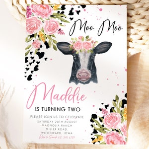 Moo Moo I&#39;m Two Invitation, Editable Cow Birthday Invitation Girl, Cow 2nd Invitation Girl, Cow Birthday Invitation, Instant Download
