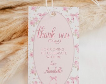 Pink Bow First Birthday Favor Tag, Pink Bow Birthday Tag, Tag Printable, Pink Bow gift tag, Floral Pink Bow, 1st Birthday Decor, Template