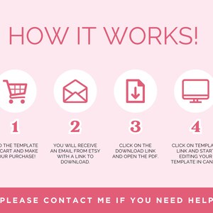 May include: A pink and white graphic with four steps on how to use a digital template. The steps are illustrated with icons of a shopping cart, an email, a download arrow, and a computer monitor. The text reads "HOW IT WORKS!" and "PLEASE CONTACT ME IF YOU NEED HELP".