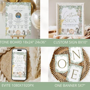 May include: A set of printable party decorations for a first birthday party with a jungle animal theme. The set includes a milestone board, a custom sign, and a banner with the letters "ONE". The decorations feature a green and brown color scheme with illustrations of animals like monkeys, lions, and elephants.