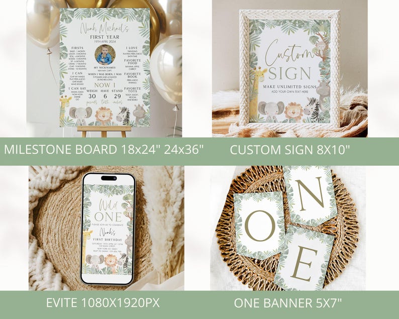 May include: A set of printable party decorations for a first birthday party with a jungle animal theme. The set includes a milestone board, a custom sign, and a banner with the letters "ONE". The decorations feature a green and brown color scheme with illustrations of animals like monkeys, lions, and elephants.