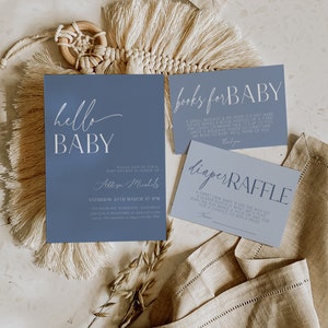 Stoffige blauwe babyshoweruitnodigingset, blauwe babyshoweruitnodiging, boeken voor baby, luierloterijkaart, jongensbabyshower, sjabloon
