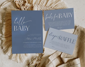 Dusty Blue Baby Shower Invitation Set, Blue Baby Shower Invitation, Books for Baby, Diaper Raffle Card, Boy Baby Shower, Template