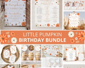 Könnte beinhalten: Ein Little Pumpkin-Geburtstags-Bundle mit Einladungen, Schildern, Cupcake-Toppern und Bannern. Das Design zeigt Kürbisse, Blätter und den Text "Annabelle's First Birthday". Das Farbschema umfasst Orange, Weiß und Gold.