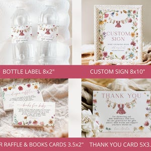 May include: A collection of baby shower stationery featuring floral illustrations and clothesline graphics. Includes 8x2 inch bottle labels, an 8x10 inch custom sign, 3.5x2 inch diaper raffle and books for baby cards, and a 5x3.5 inch thank you card.