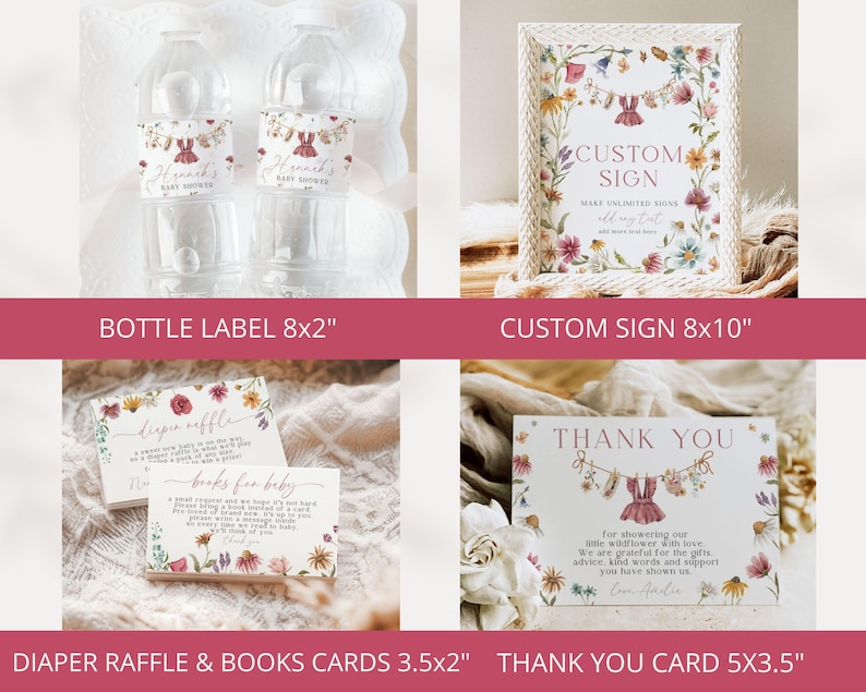 May include: A collection of baby shower stationery featuring floral illustrations and clothesline graphics. Includes 8x2 inch bottle labels, an 8x10 inch custom sign, 3.5x2 inch diaper raffle and books for baby cards, and a 5x3.5 inch thank you card.