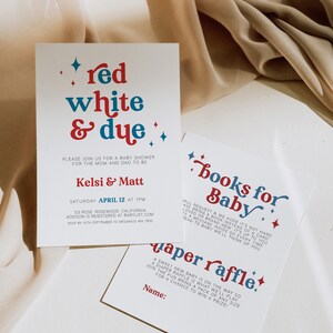 Red White and Due Baby Shower Invitation, 4th of July Baby Shower Invite, 4th July Baby Shower, Books Card, Diaper Raffle, Template
