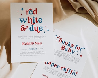 Invito per baby shower rosso bianco e due, invito per baby shower del 4 luglio, baby shower del 4 luglio, biglietto con libri, lotteria dei pannolini, modello