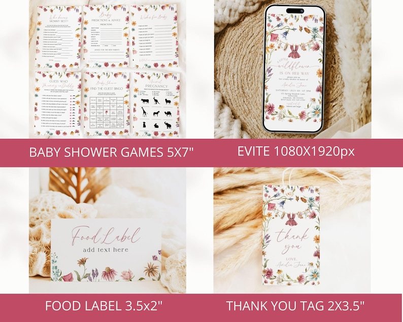 Little Wildflower Baby Shower Bundle, Spring Wildflower Baby Shower,Baby Shower Decorations, Dress Wildflower Invite, Canva Templates image 3