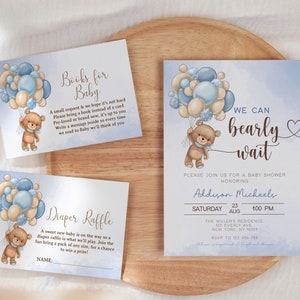 Bearly Wait Baby Shower Invite TBundle, Bear balloon Invite Bundle, Blue Bear Baby Shower Invitation, Template, Editable Invitation