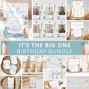 Op de afbeelding: Een verzameling strandthema verjaardagsfeestartikelen. Inclusief uitnodigingen, fotokaarten, cupcake toppers, waterfles labels en een banner. Ontwerpen met golven, palmbomen en surfplanken. De tekst luidt "It's the Big One" en "Noah's First Birthday".