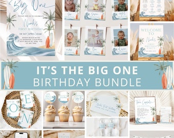 Big One Birthday Invitation Bundle, Surfboard Birthday Bundle, Surfing Birthday Invitation, Surf 1st Birthday Decor, Surf's Up, Template