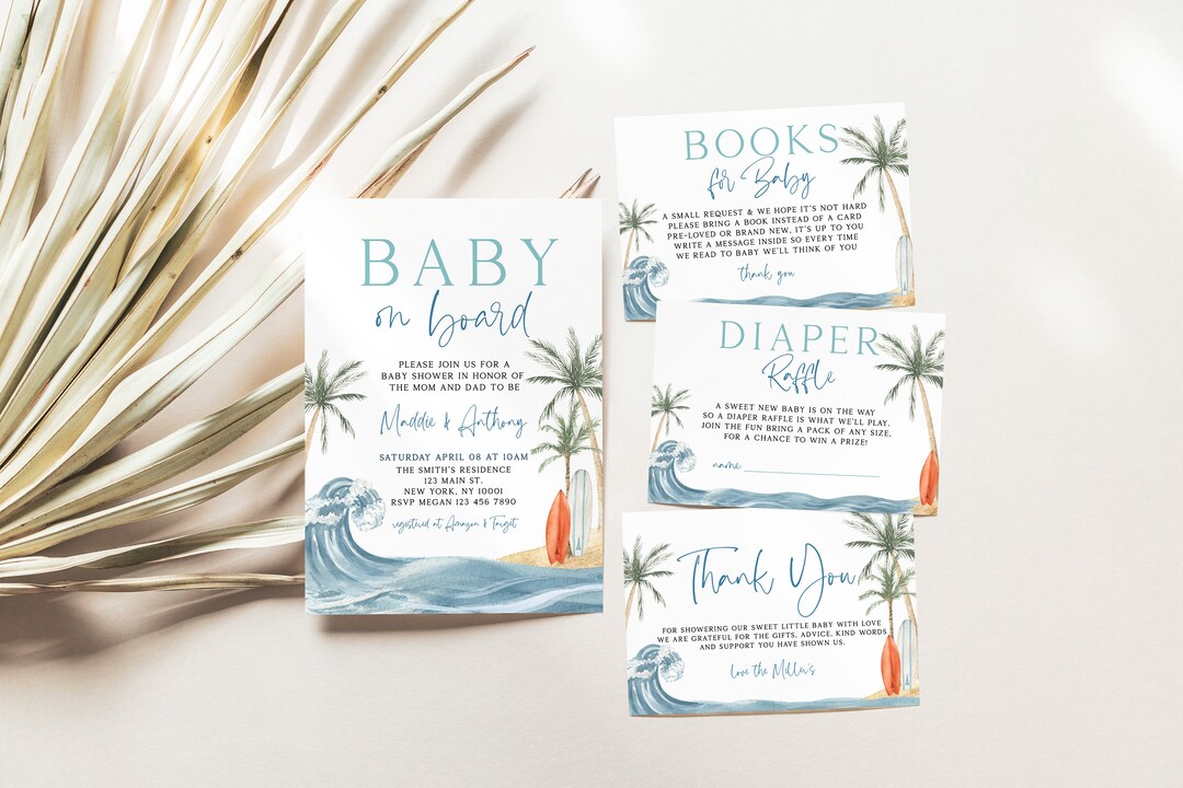 Baby on Board Baby Shower Invitation Set, Surfboard Baby Shower