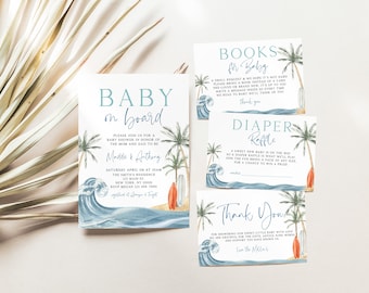 May include: Baby shower invitation with a blue and white watercolor wave design and palm trees. The invitation says "Baby on Board" and includes the names Maddie & Anthony. The invitation also includes the date, time, and location of the shower. There are also cards for a diaper raffle and a book request.