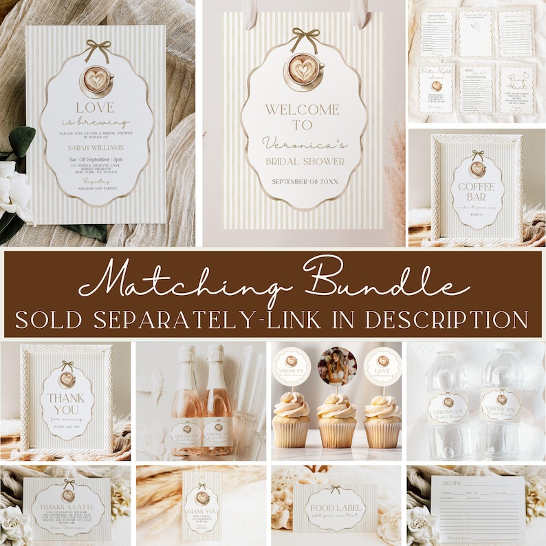 Love is Brewing Bridal Shower Invitation, Stripe Beige, Coffee Bridal Shower Invite, Coffee Theme , Canva Template image 2