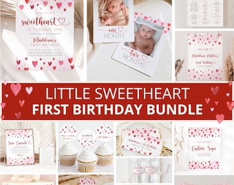 May include: A printable first birthday party bundle with a pink and red watercolor heart pattern. The bundle includes invitations, a welcome sign, a time capsule, cupcake toppers, food labels, a thank you tag, a custom sign, and a banner that says "Happy Birthday".