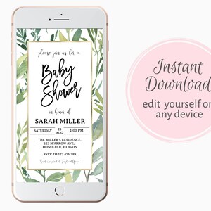 Greenery Baby Shower Invitation, Greenery Baby Shower Evite, Template, Edit Yourself, Evite