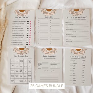 May include: A set of 10 printable baby shower games with a boho sunburst design. The games include "Mom said, Dad said", "Baby ABC", "How well do you know mommy", "Find the Guest Bingo", "Baby Predictions", and "Match the Baby Animal".