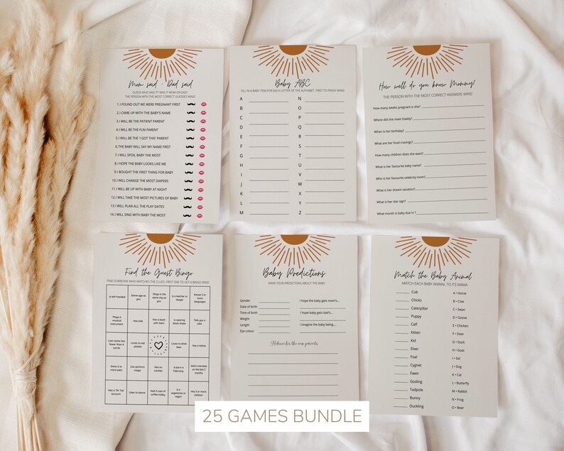 May include: A set of 10 printable baby shower games with a boho sunburst design. The games include "Mom said, Dad said", "Baby ABC", "How well do you know mommy", "Find the Guest Bingo", "Baby Predictions", and "Match the Baby Animal".