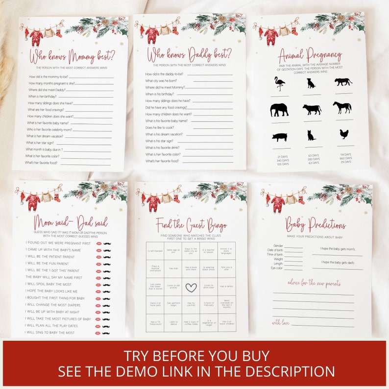 Puede incluir: Un conjunto de tarjetas de juego de baby shower imprimibles con un tema invernal. Las tarjetas presentan un esquema de color verde y rojo con un fondo de acuarela. Los juegos incluyen "&iquest;Qui&eacute;n conoce mejor a mam&aacute;?", "&iquest;Qui&eacute;n conoce mejor a pap&aacute;?", "Embarazo animal", "Mam&aacute; dijo - Pap&aacute; dijo", "Bingo de invitados" y "Predicciones para el beb&eacute;".