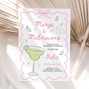 Puede incluir: Invitaci&oacute;n ilustrada en rosa y verde para un fin de semana de despedida de soltera con el texto "Margs & Matrimony" y "&Uacute;nete a nosotros para un fin de semana de despedida de soltera celebrando a Katie del 08 al 10 de julio de 2026 en Aspen Villa Highlands Estate Scottsdale, Arizona"