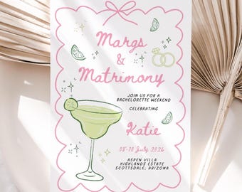 Margs and Matrimony Bachelorette Einladung, Margarita Brautparty einladen, Margarita bach wknd, Margs and Matrimony, Canva Template