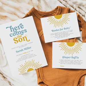 Hier kommt der Sohn-Babyparty-Einladung, Sonne-Babyparty-Einladung, Sonnenschein-Baby-Dusche-Junge, hier kommt die Sonne, Blau und Gelb Bild 1