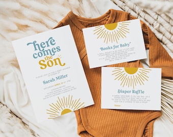 Here Comes the Son Baby Shower Invitation, Sun Baby Shower Invitation, Sunshine Baby Shower Boy, Here Comes the Sun, Blue and Yellow